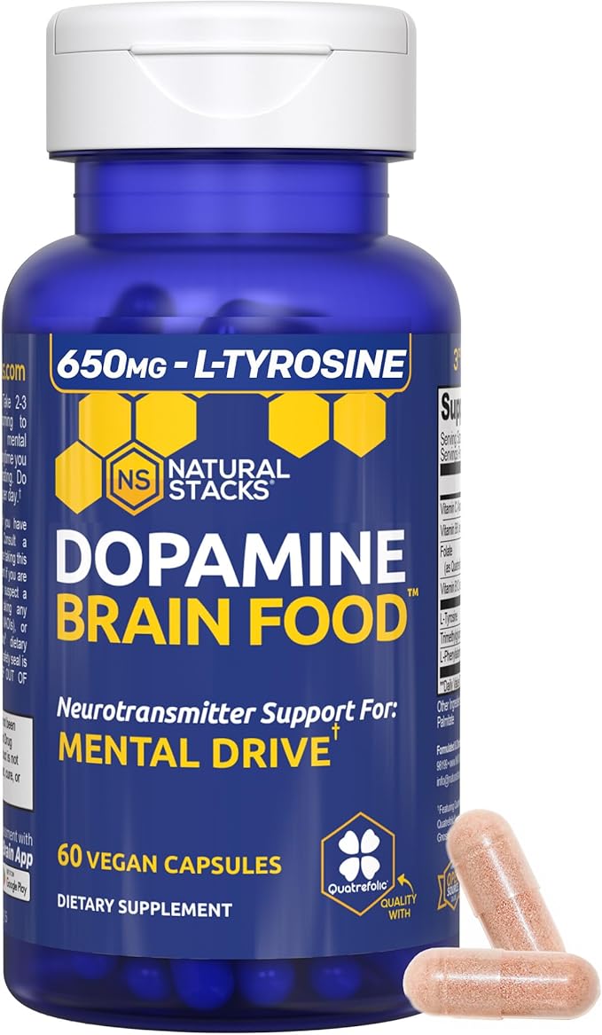 NATURAL STACKS Dopamine Brain Food - 650mg L-Tyrosine Supplement - Dopamine Supplement for Focus & Mental Drive - Supports Mental Energy - Neurotransmitter Support with B Vitamins - 120 Capsules