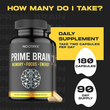 Prime Brain Nootropic Supplement | Supports Memory, Mental Focus, Cognitive Health & Energy | Promotes Healthy Mood & Brain Function | Ginkgo Biloba, Lion's Mane & L Theanine | 180 Capsules