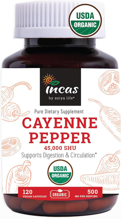INCAS 100% USDA Organic Cayenne Pepper 120 Capsules (500mg) 45,000 SHU Traditional Digestion & Circulation Support Pure, No Additives & Fillers | 120 Servings