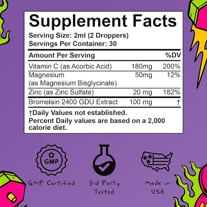 Liquid Recovery Supplement - Support Muscle Recovery, Reduce Cramps, Boost Energy & Immunity - Magnesium Drops with Vitamin C, Zinc & Bromelain (60ml) | 1 Month Supply