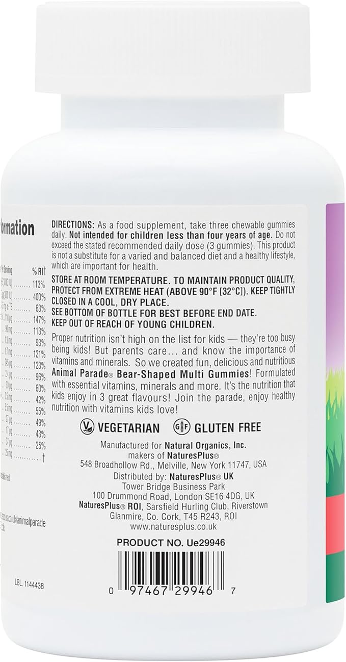 Natures Plus Animal Parade Multivitamin Children's Gummies - 90 Count - Assorted Cherry, Grape & Orange Flavors - Supports Immune System - Vegetarian, Gluten Free - 30 Servings