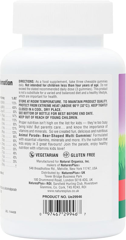 Natures Plus Animal Parade Multivitamin Children's Gummies - 90 Count - Assorted Cherry, Grape & Orange Flavors - Supports Immune System - Vegetarian, Gluten Free - 30 Servings
