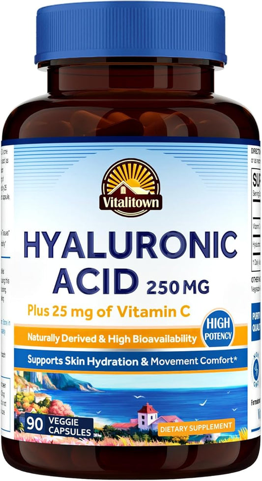 Vitalitown Hyaluronic Acid Supplements 250 mg, Plus 25 mg Vitamin C, Naturally Derived & High Bioavailability, Skin Hydration, 90 Vegan Capsules, 3 Month Supply