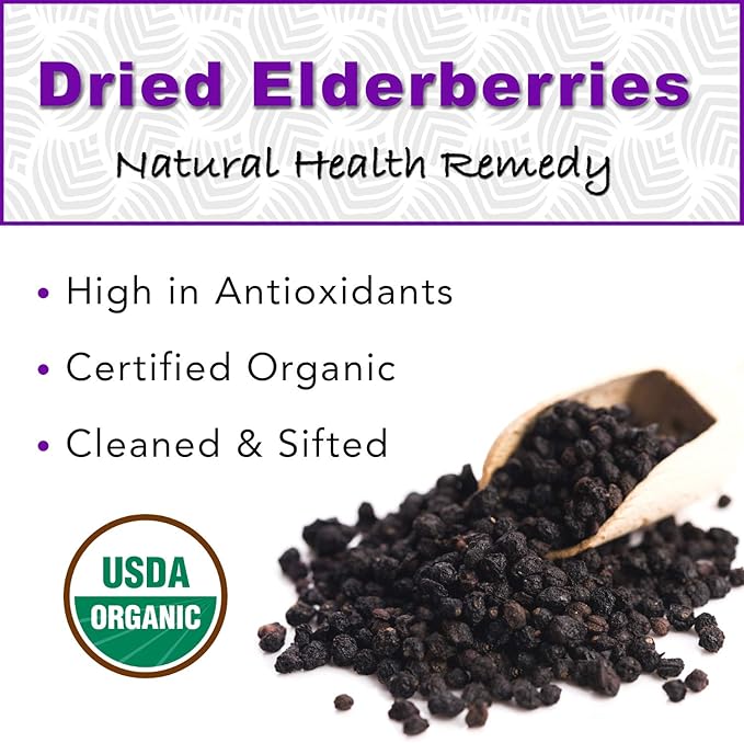 USDA Organic Dried Elderberries - Whole European Elderberry, Responsibly Wild Crafted, Perfect for Tea, Syrups, and More - Sambucas Nigra - 1 Pound (Certified Organic)