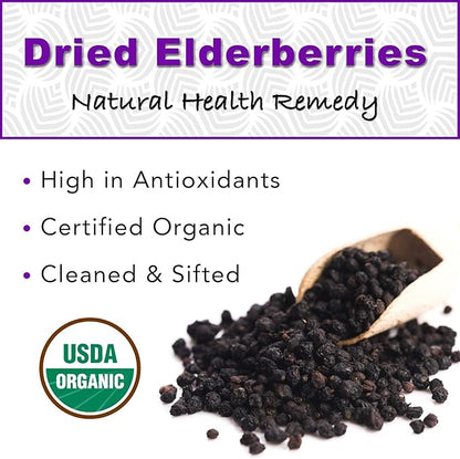 USDA Organic Dried Elderberries - Whole European Elderberry, Responsibly Wild Crafted, Perfect for Tea, Syrups, and More - Sambucas Nigra - 1 Pound (Certified Organic)