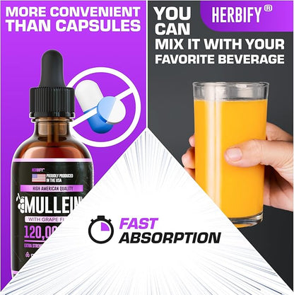 HERBIFY Mullein Drops - Lung Cleanse - Leaf Extract - Powerful Mullein for Immune Support, Detox & Respiratory Support - Made in USA - Herbal Supplements - 4 Oz Grape Flavor