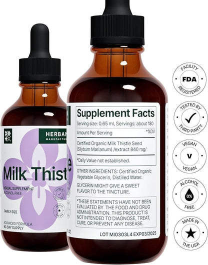 Milk Thistle 4 fl oz Liquid Extract - Natural Liver Support Drops - Cleanse and Detox Herbal Supplement - Silybum Marianum Tincture for Man & Woman - Family Size - High Potency - 90-Day Supply