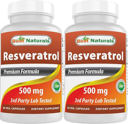Best Naturals 2 Packs Resveratrol Complex 500 mg 60 Veg Capsules Made with Grape Skin, Red Wine, Quercetin - Gluten Free & Non GMO - (Total 120 Capsules)