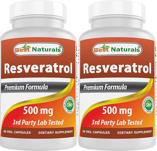 Best Naturals 2 Packs Resveratrol Complex 500 mg 60 Veg Capsules Made with Grape Skin, Red Wine, Quercetin - Gluten Free & Non GMO - (Total 120 Capsules)