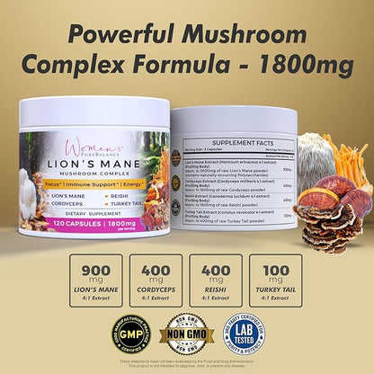 Women's PureBalance Lion's Mane Mushroom Supplement Capsules with Reishi, Cordyceps, Turkey Tail – Brain Nootropic for Memory, Focus, Natural Energy, & Immune Support, Non-GMO (120 Capsules)