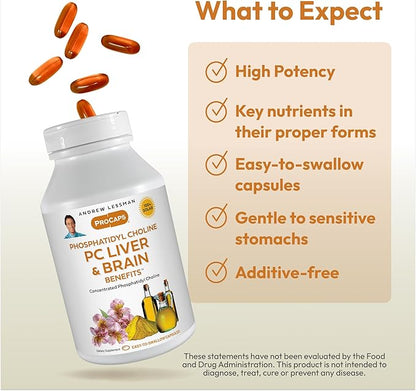 ANDREW LESSMAN PC Liver and Brain Benefits 180 Softgels - Phosphatidyl Choline, Most Important Building Block for Healthy Liver and Brain Structure, Function. No Additives. Easy to Swallow Softgels