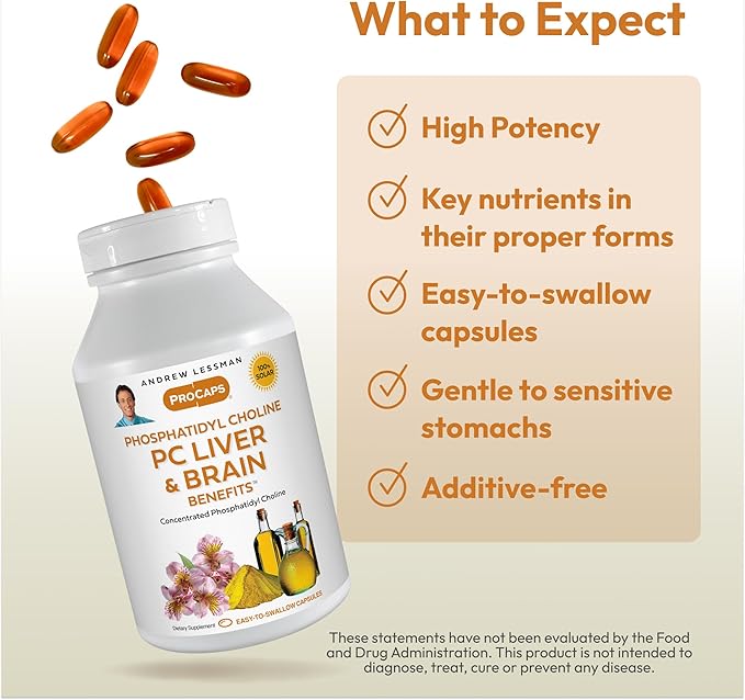 ANDREW LESSMAN PC Liver and Brain Benefits 360 Softgels - Phosphatidyl Choline, Most Important Building Block for Healthy Liver and Brain Structure, Function. No Additives. Easy to Swallow Softgels