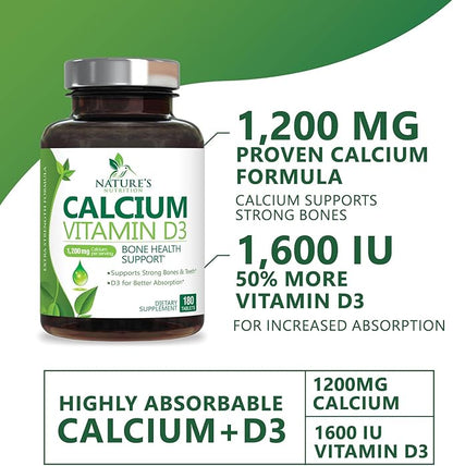 Calcium Supplement with Vitamin D - 1200 mg Calcium Carbonate with 1600 IU of D3 Vitamins - Supports Bone Strength, Teeth & Immune System - Natural & Easily Absorbable for Women & Men - 180 Tablets