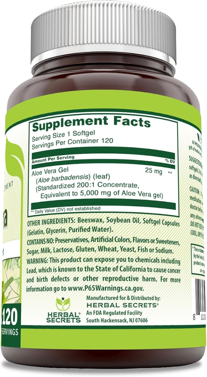 Herbal Secrets Aloe Vera 25 Mg Concentrate 200:1 | 5000 Mg Equivalent | 120 Softgels | Non-GMO | Gluten-Free | Made in USA