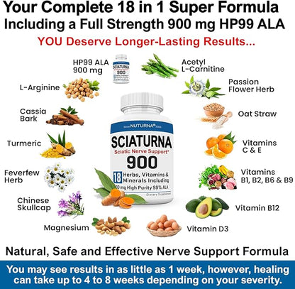 Sciatica Supplement with 900 mg Alpha Lipoic Acid - Maximum Strength Sciatic Nerve Support for Lower Back Legs Feet Hands - 18-in-1 Natural Nerve Vitamins - Made in USA - 180 Capsules