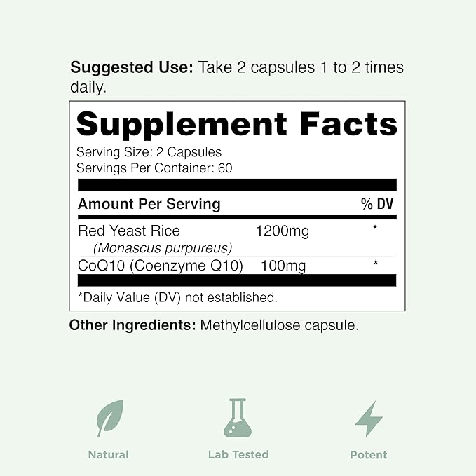 100% Natural Red Yeast Rice 1200 mg with CoQ10 100 mg, 2 in 1, Maintain Healthy Cholesterol Levels - 120 Veggie Capsules