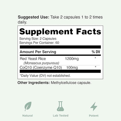 100% Natural Red Yeast Rice 1200 mg with CoQ10 100 mg, 2 in 1, Maintain Healthy Cholesterol Levels - 120 Veggie Capsules