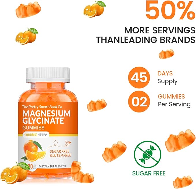 Magnesium Glycinate Gummies 1000mg - 90 Ct | Magnesium Potassium Supplements for Relaxation, Stress Relief, with Vitamin D, B6, CoQ10 for Calm Mood & Sleep Support - Orange Gummies