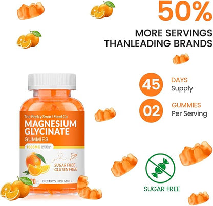 Magnesium Glycinate Gummies 1000mg - 90 Ct | Magnesium Potassium Supplements for Relaxation, Stress Relief, with Vitamin D, B6, CoQ10 for Calm Mood & Sleep Support - Orange Gummies