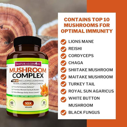 Natural Genius Top 10 Mushroom Extracts - White Button, Lions Mane, Cordyceps, Chaga, Reishi Plus - Immune Booster, Nootropic