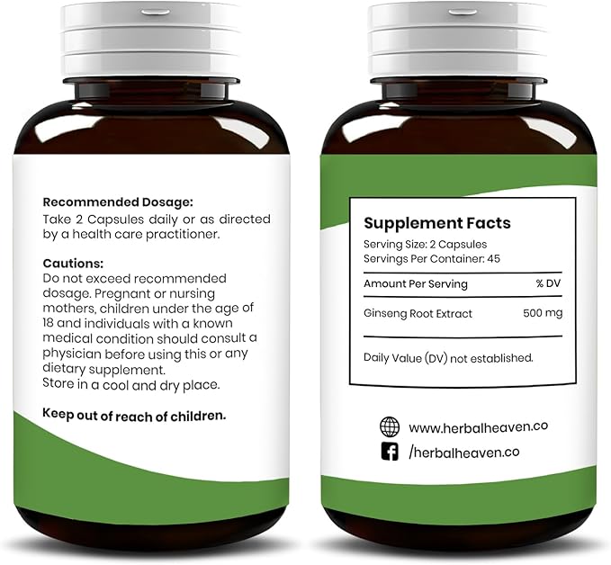 Herbal Heaven Natural Energy and Focus Ginseng Capsules 90 Count for Vitality and Wellness - 100% Herbal Formula