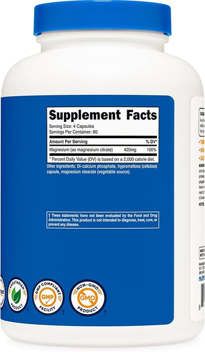 Nutricost Magnesium Citrate 420mg, 240 Veggie Capsules - 60 Servings, Gluten Free, Non-GMO, Vegetarian Friendly