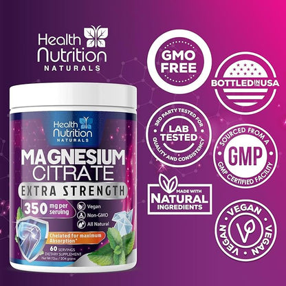 Magnesium Powder Supplement with Magnesium Citrate & Aquamin Magnesium - Magnesium Citrate Powder Drink Mix Unflavored - Bone, Heart & Muscle Support, Sugar Free, Gluten Free, Vegan - 60 Servings