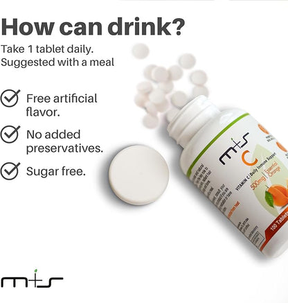 M+S Vitamin C Tablet 500mg for Women and Men – Supports a Healthy Immune System, Promotes Hair, Skin, Nails and Joints – Vegan, Sugar Free, Non-GMO – Orange Flavor (100 Tablets)