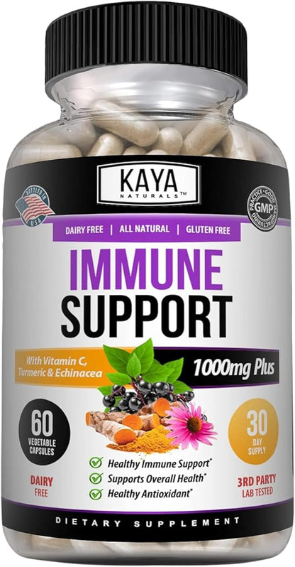 Kaya Naturals Elderberry Immune Support, Elderberry with Zinc and Vitamin C for Adults Vitamins, Probiotics & Turmeric 1000mg Immune System Booster Sambucus Capsules - 60 Count