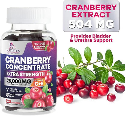 Cranberry Supplement Gummies + Vitamin C - Made with 25,000mg 50:1 Cranberry Extract to Help Cleanse and Protect The Urinary Tract, Nature's Chewable Cranberry Pills for Women, Non-GMO - 120 Gummies