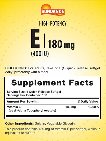 Sundance Vitamin E 180mg (400 IU) | 100 Quick Release Softgels | High Potency Formula | Non-GMO and Gluten Free Supplement
