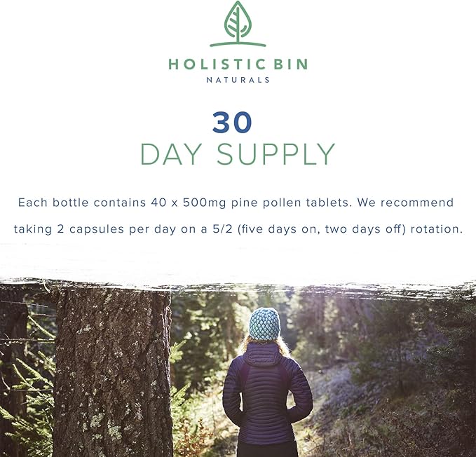 Holistic Bin Pine Pollen Capsules 500mg (Pinus Ponderosa) - Wild Harvested California Ponderosa Pine Pollen Powder - Olympic Grade - Organic, Non-GMO, No Fillers - 30 Day Supply (40 Capsules)