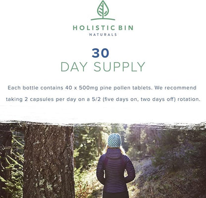 Holistic Bin Pine Pollen Capsules 500mg (Pinus Ponderosa) - Wild Harvested California Ponderosa Pine Pollen Powder - Olympic Grade - Organic, Non-GMO, No Fillers - 30 Day Supply (40 Capsules)