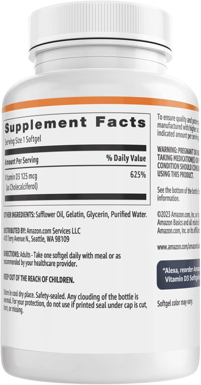 Amazon Basics Vitamin D3 125 mcg, 60 Softgels (1 per Serving), Gluten Free (Pack of 2)