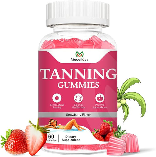 Tanning Gummies for Women and Men, Daily Tanning Gummies with L-Tyrosine, Astaxanthin That Work Fast Without Sun for Skin Health & Glow, Sugar Free, Non-GMO, Strawberry Flavor, 60 Gummies