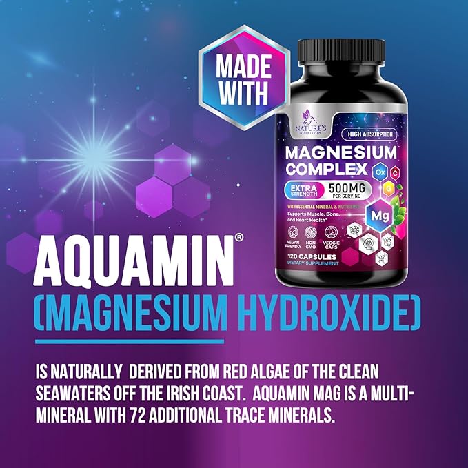 Magnesium Complex Supplement 500 mg - 5 in 1 High Absorption Chelated Magnesium Glycinate, Malate, Citrate, Oxide, Aquamin - Non-GMO Magnesio Capsules, Bone Muscle & Heart Health Support, 120 Capsules