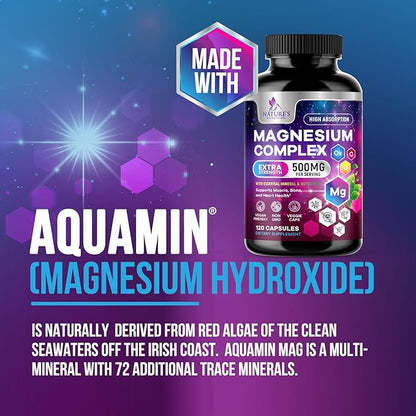 Magnesium Complex Supplement 500 mg - 5 in 1 High Absorption Chelated Magnesium Glycinate, Malate, Citrate, Oxide, Aquamin - Non-GMO Magnesio Capsules, Bone Muscle & Heart Health Support, 120 Capsules