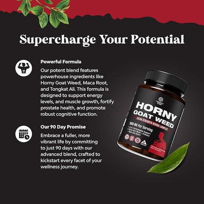 Horny Goat Weed for Men Enhancement - Extra Strength Male Enhancing Supplement with Black Maca Root, Tongkat Ali, Saw Palmetto & Panax Ginseng Extract for Stamina & Energy - 180 Capsules