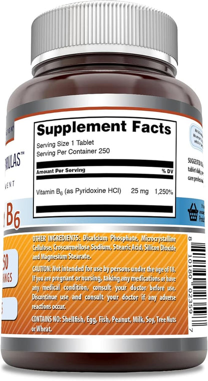 Amazing Formulas Vitamin B6 Pyridoxine 25mg 250 Tablets Supplement | Non GMO | Gluten Free | Made in USA
