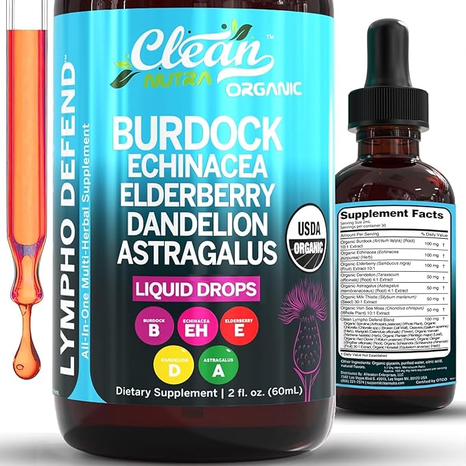 Organic Lymphatic Drainage Drops Supplement with Burdock Root Echinacea Elderberry Dandelion Astragalus Milk Thistle Sea Moss Red Clover Lymphatic Cleanse Immune Support Marigold Drop By Clean Nutra-5
