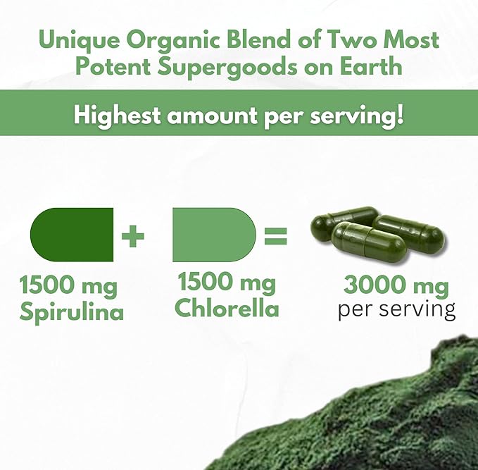 Chlorella Spirulina Powder Capsules Organic 3000 mg of BMAA Free Purest Blue Green Algae - Best Natural Detox Raw Vegan Vitamins Protein Green Superfood - Made in USA
