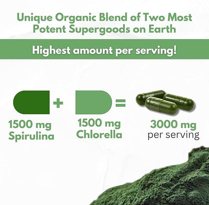 Chlorella Spirulina Powder Capsules Organic 3000 mg of BMAA Free Purest Blue Green Algae - Best Natural Detox Raw Vegan Vitamins Protein Green Superfood - Made in USA