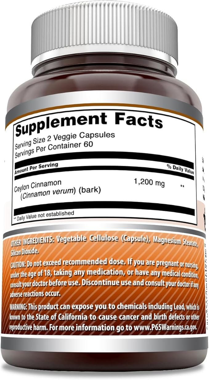Amazing Formulas Ceylon Cinnamon 1200 Mg Per Serving | Veggie Capsules Supplement | Non-GMO | Gluten Free | Made in USA (1 Pack, 120 Count)