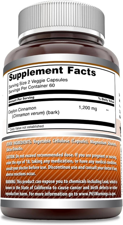 Amazing Formulas Ceylon Cinnamon 1200 Mg Per Serving | Veggie Capsules Supplement | Non-GMO | Gluten Free | Made in USA (1 Pack, 120 Count)