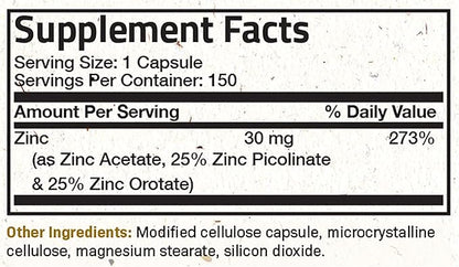 Futurebiotics Zinc Triple Action 30mg Key Nutrient Blend Immune Support Supplement with Zinc Acetate, Picolinate & Orotate - Immune, Antioxidant & Skin Health Support - 150 Vegetarian Capsules