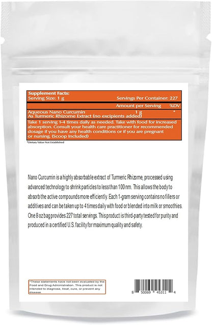 Nano Curcumin Powder 8 oz (227 Servings), Pure Turmeric Extract, Nano for High Absorption, Supports Overall Vitality, Non-GMO, Vegan, Gluten-Free