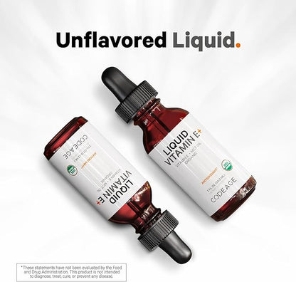 Codeage Liquid Vitamin E+ - USDA-Certified Organic Vitamin E - 2-Month Supply - D-Alpha Tocopherol Acetate, Organic MCT Oil, Organic Orange Fruit Oil, Unflavored, Non-GMO, Vegan, Gluten-Free, 2 fl oz