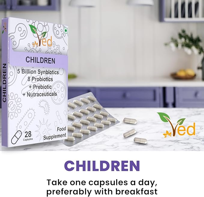 Ved Children Complex Probiotics and Prebiotics Complex - 5 Billion CFU - 20 Live Bacterial Cultures - 28 Probiotic Complex Capsules for Children - Lactobacillus helveticus, Silicon Dioxide