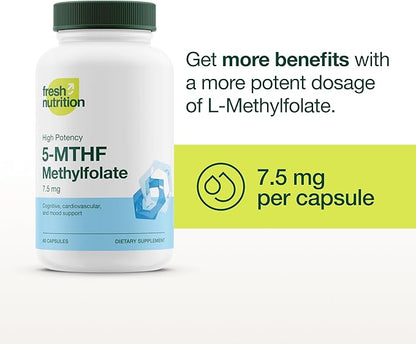 Fresh Nutrition L Methylfolate 7.5mg – DNA Verified for Maximum Potency – Superior Bioavailability – 5-MTHF Methyl Folate - 90 Capsules