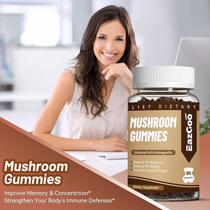 Mushroom Gummies Supplement - with Ashwagandha, Lions Mane, Shitake Mushrooms, Turkey Tail, Chaga, and Cordyceps Mushroom for Immune Health, Mood & Stress Support (180 Gummies)